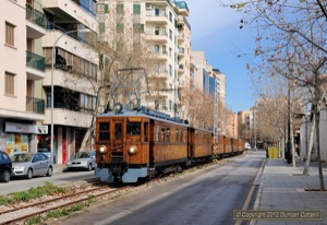 Plans to divert the line into a new tunnel to eliminate the street running in Palma have so far failed to materialise. No. 2 approached the terminus with the 11:55 from Soller on 5 February 2012.