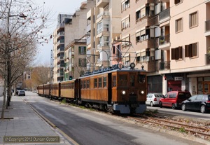 Barely ten minutes after arriving in Palma, No.2 was off again, back towards Soller with the 13:10 departure. The timetable in operation in early 2012 allowed all services to be operated by a single motor coach. The photo was taken on 5 February 2012.